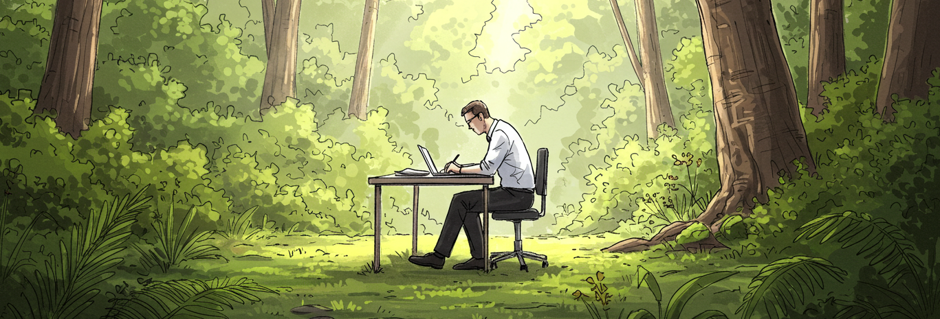 A person working alone in a beautiful forest on a laptop